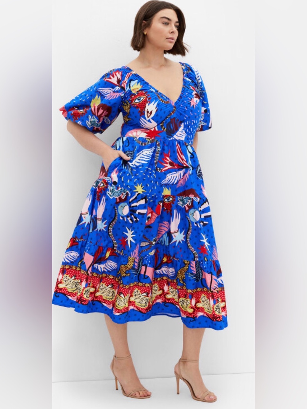 City Chic Simona Print Puff Sleeve Dress - blue